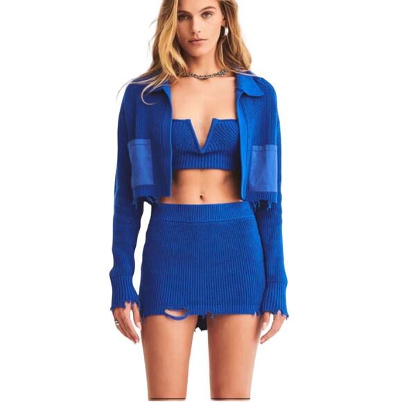 Ser.O.Ya Size XS NWT Evelyn Cropped Knit and Suede Cardigan Jacket Royal Blue - Picture 2 of 8